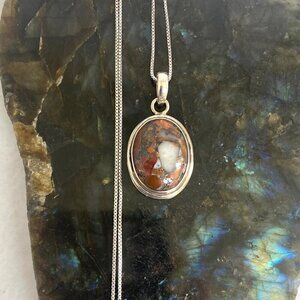Sterling Silver 925 Oval Bezel Set Brecciated Jasper Pendant Necklace 18.5"